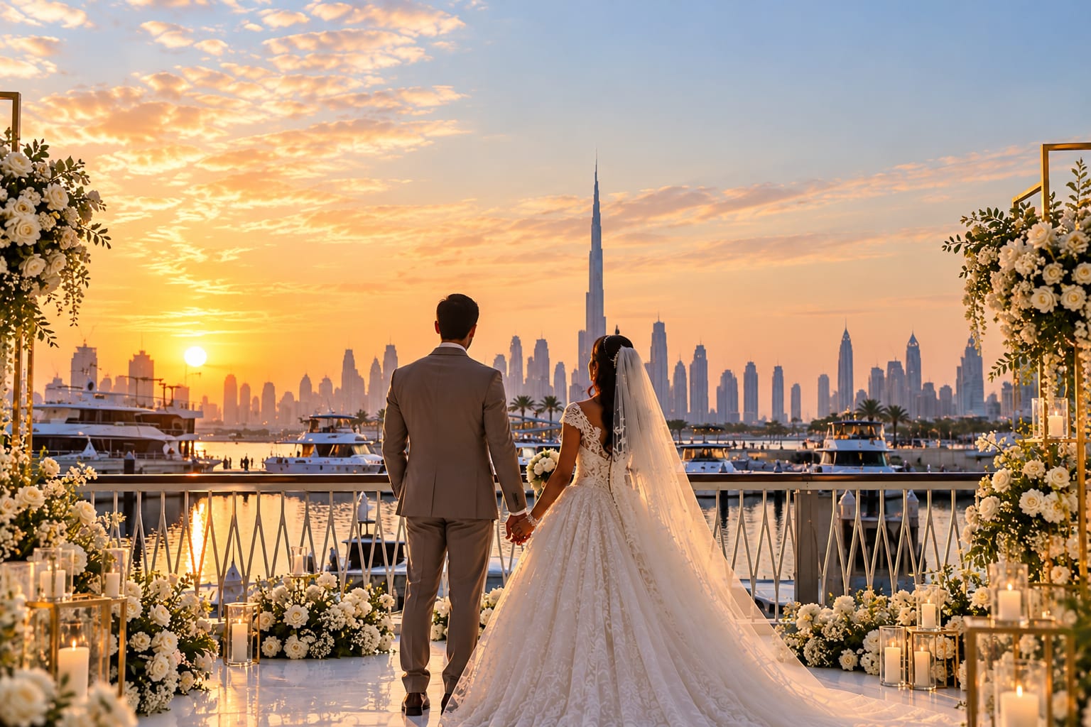 Bride and groom holding hands at sunset overlooking the Dubai skyline and Burj Khalifa, framed by white floral arches, a wedding planned in the UAE